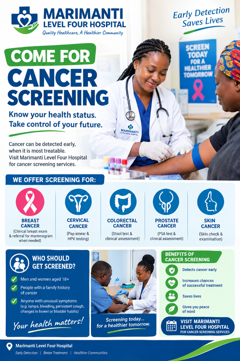Cancer-screening awareness poster designed for Marimanti Level Four Hospital, featuring screening information and a clinician assisting a patient