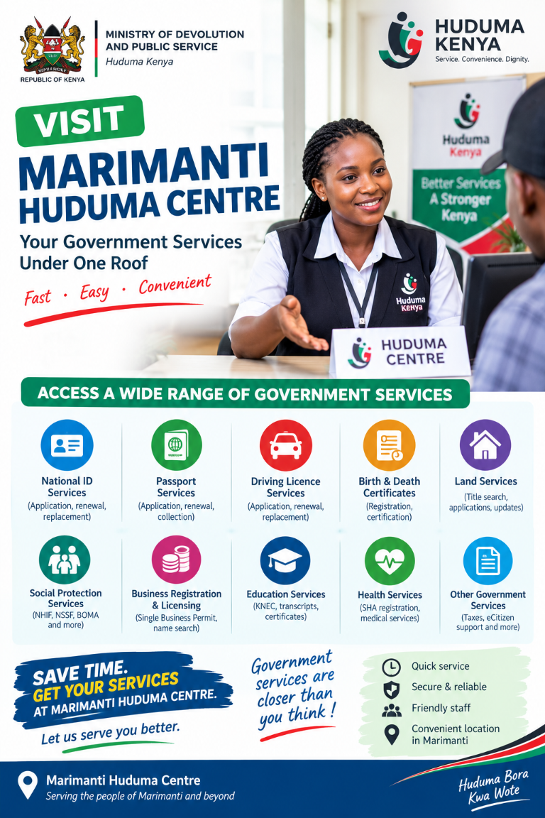 Marimanti Huduma Centre poster showing government services and a Huduma Kenya service representative
